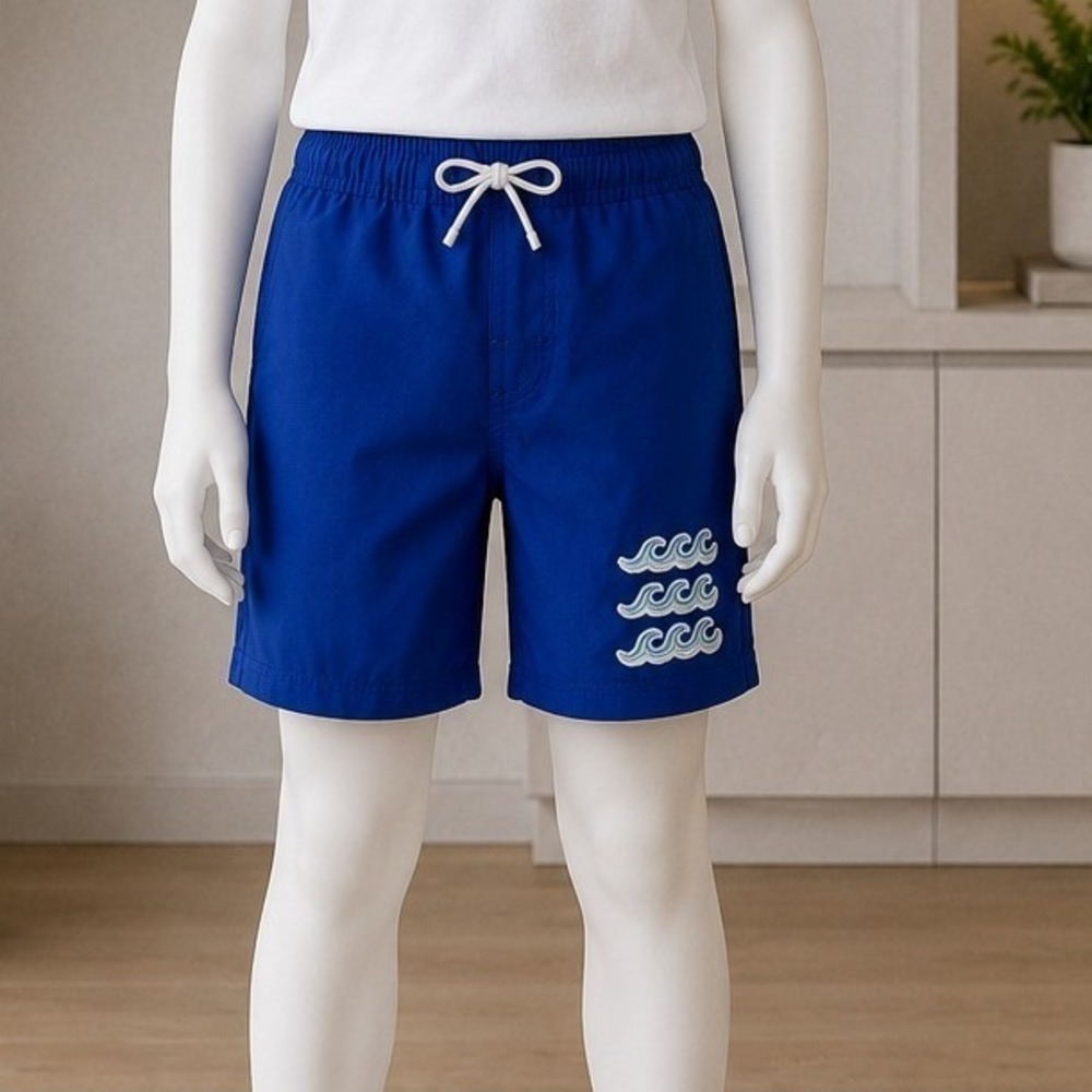 Ocean Gear Boys Swim Shorts Blue Embroidered Waves UPF 50+ Size 8 M
